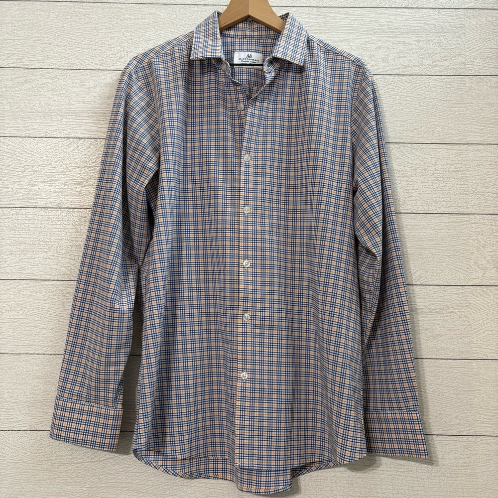 Mizzen+Main Trim Fit Dress Shirt Large Blue Orange Plaid Performance Stretch